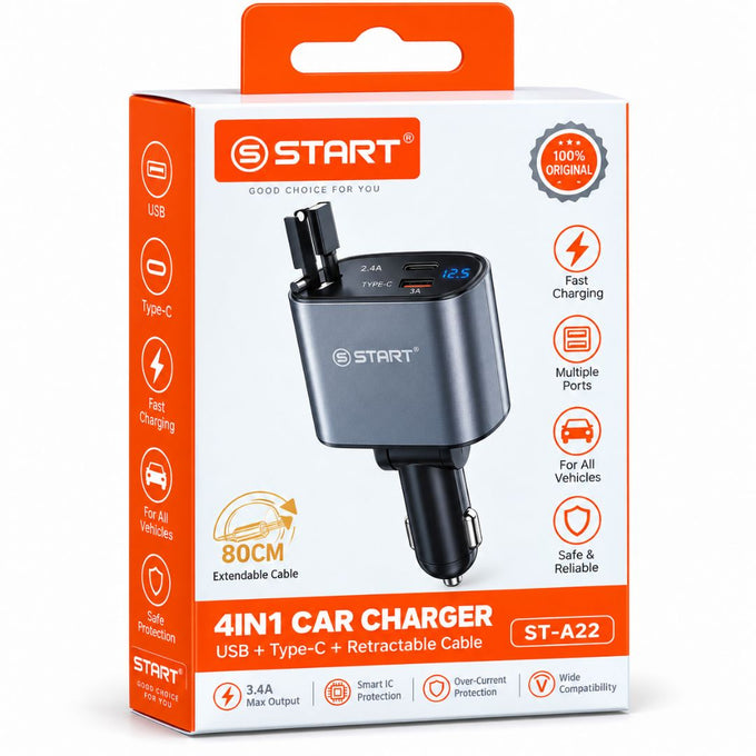 شاحن سياره start متعدد المهام بيشتغل معاك شاحن تايب سي وايفون ومخرج bd و usb
