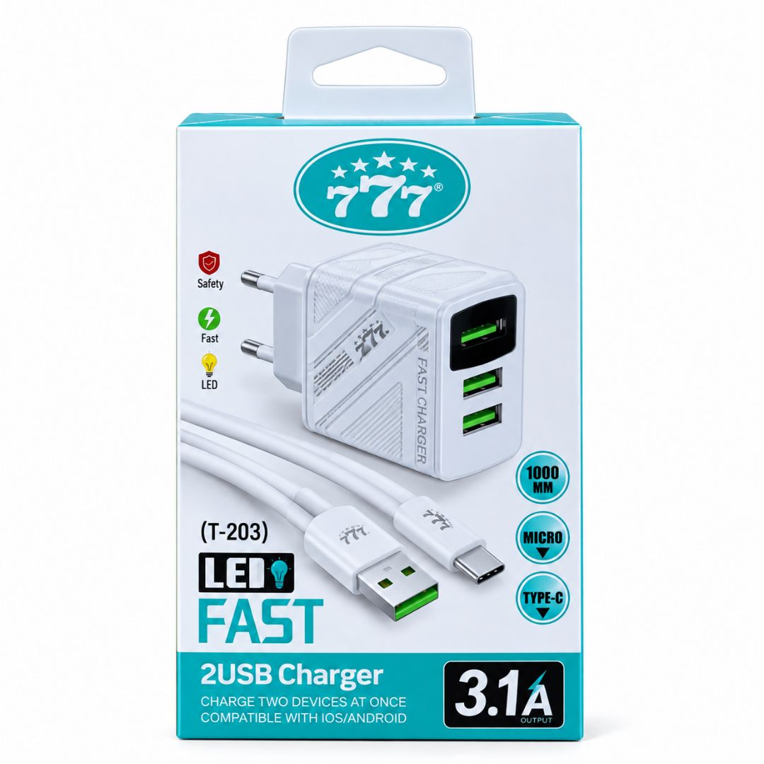 شاحن 203 أصلي ماركة 777 (مزود بمخرجين USB وقدرة 3.1A)- تايب سى