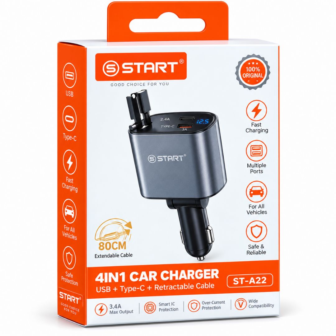 شاحن سياره start متعدد المهام بيشتغل معاك شاحن تايب سي وايفون ومخرج bd و usb