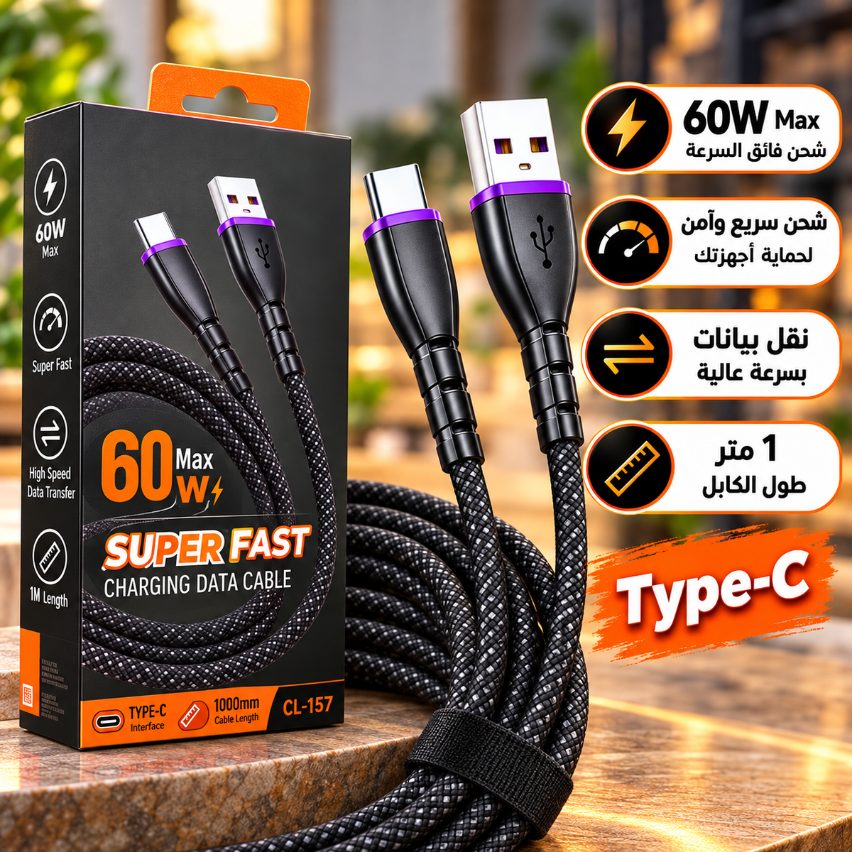 كابل شحن سريع ونقل بيانات (60W SUPER FAST CHARGING DATA CABLE)-