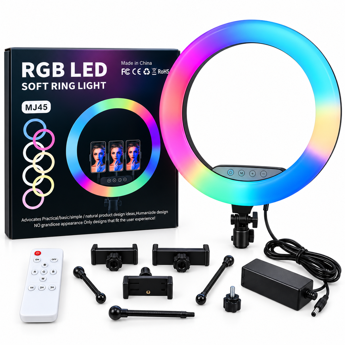 رينج لايت mj-45 ألوان RGB الحجم الكبير (معاه ريموت كنترول و 3 مسند للموبايل)