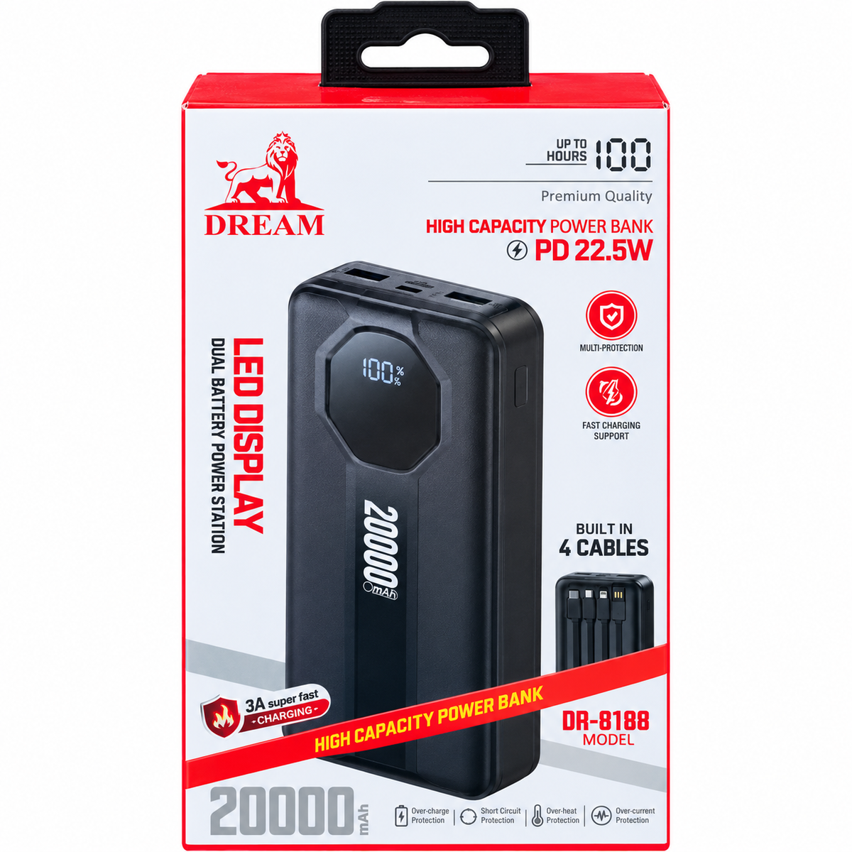 باور بنك (Power Bank) بتصميم 3×1 مدمج الكابلات والشاشات-20,000 مللي أمبير.