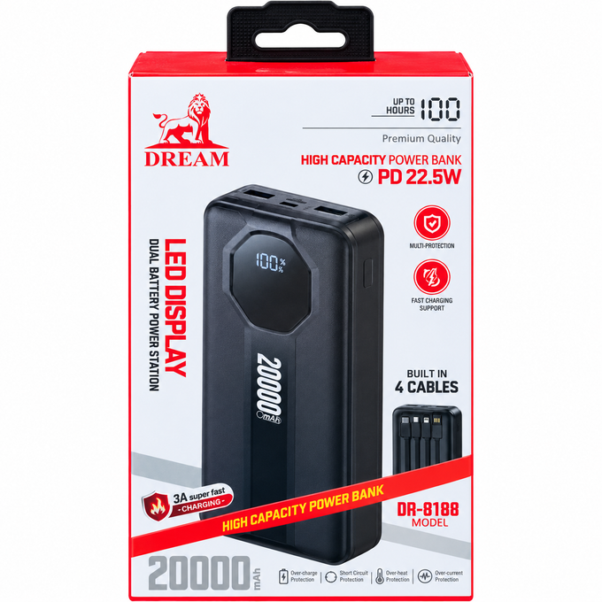 باور بنك (Power Bank) بتصميم 3×1 مدمج الكابلات والشاشات-20,000 مللي أمبير.