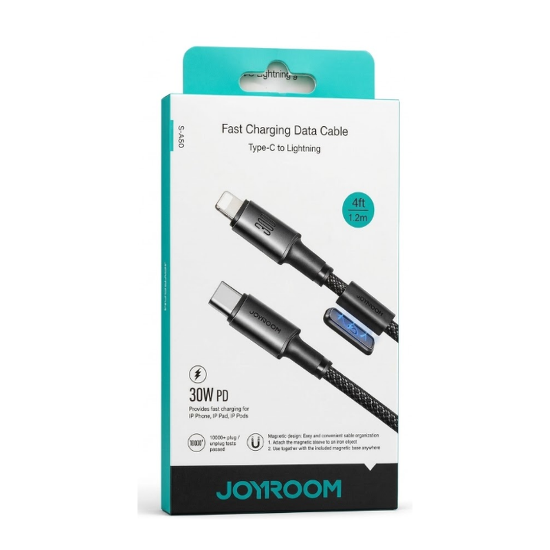 كابل شحن سريع JOYROOM تايب سي إلى آيفون بتصميم مغناطيسي ونايلون مضفر (Fast Charging Data Cable Type-C to Lightning - موديل S-A50)