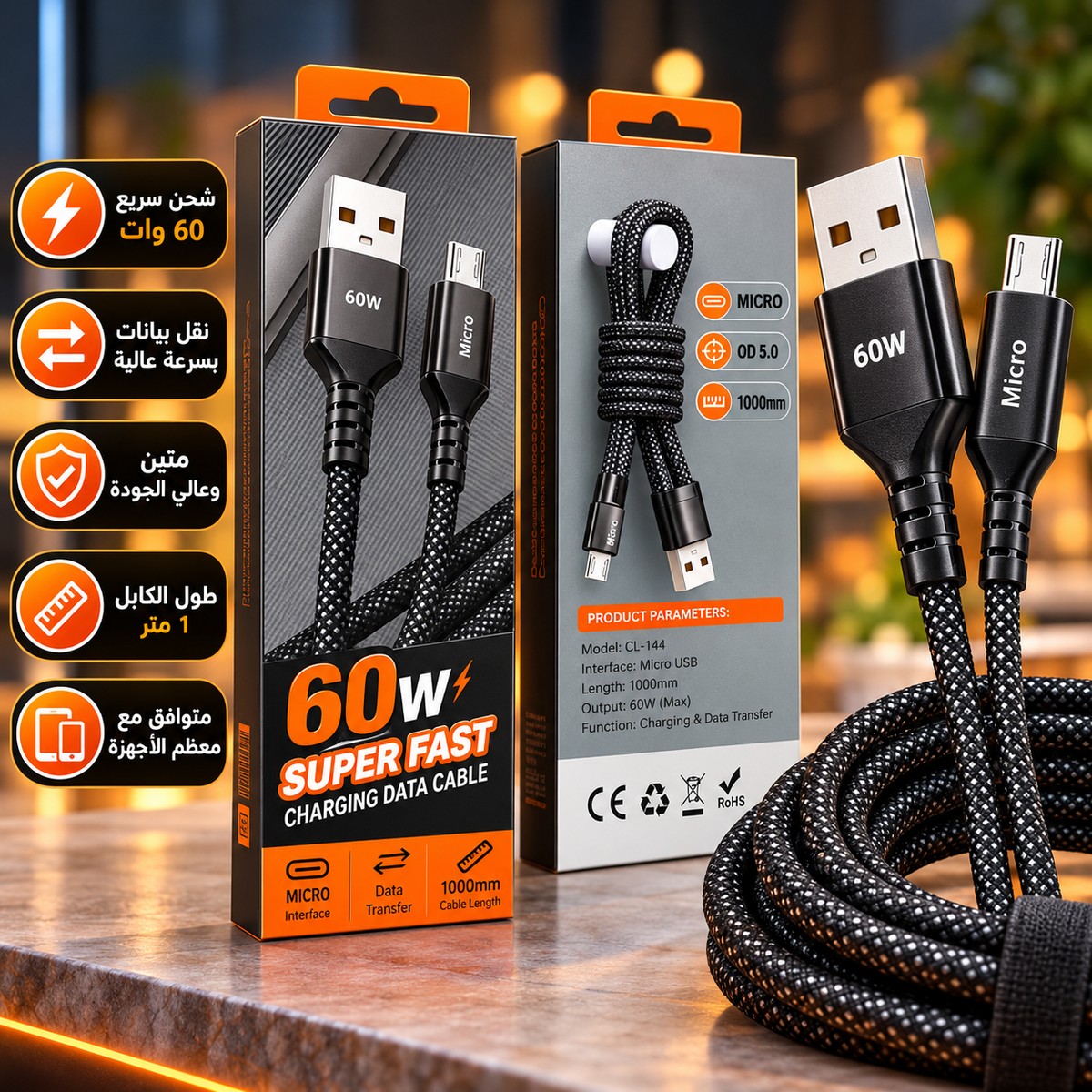 كابل شحن سريع ونقل بيانات (60W SUPER FAST CHARGING DATA CABLE)- (Model): CL-144.