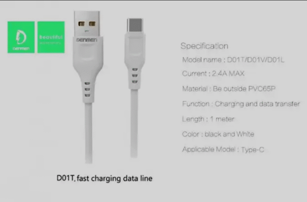 كابل Denmen USB إلى Type-C للشحن السريع ونقل البيانات – طول 100 سم - Image 8