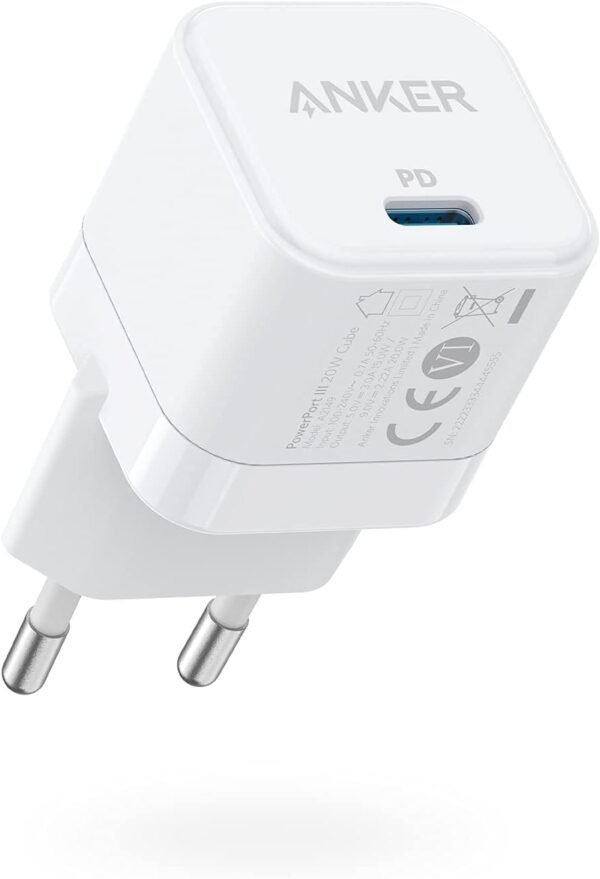 شاحن باور بورت III من انكر 20 واط بمنفذ USB-C للشحن السريع، متوافق مع سلسلة ايفون 15/14/13/12 وجالكسي وبكسل 4/3 وايباد وايباد ميني، أسود