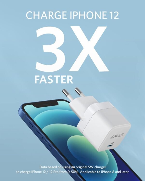 شاحن باور بورت III من انكر 20 واط بمنفذ USB-C للشحن السريع، متوافق مع سلسلة ايفون 15/14/13/12 وجالكسي وبكسل 4/3 وايباد وايباد ميني، أسود - Image 5