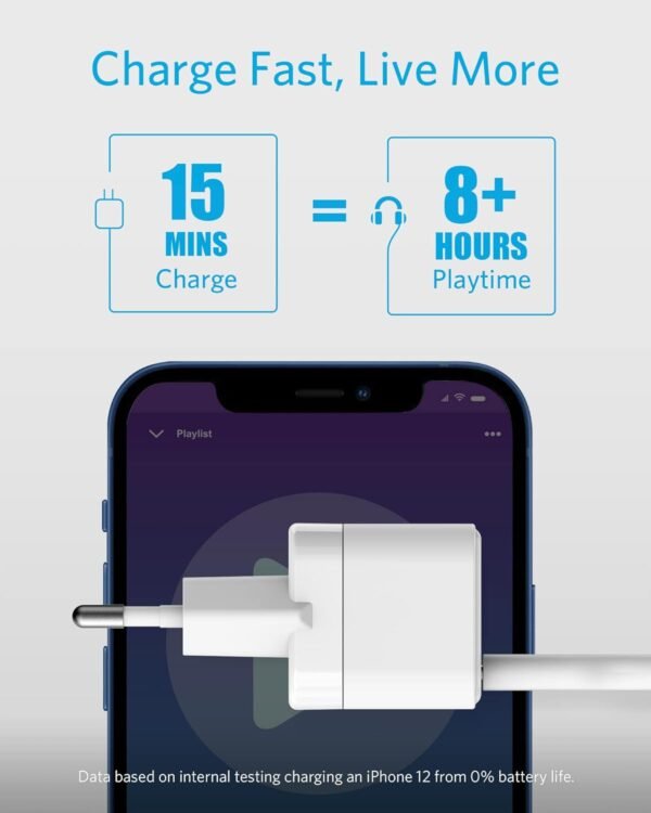 شاحن باور بورت III من انكر 20 واط بمنفذ USB-C للشحن السريع، متوافق مع سلسلة ايفون 15/14/13/12 وجالكسي وبكسل 4/3 وايباد وايباد ميني، أسود - Image 3